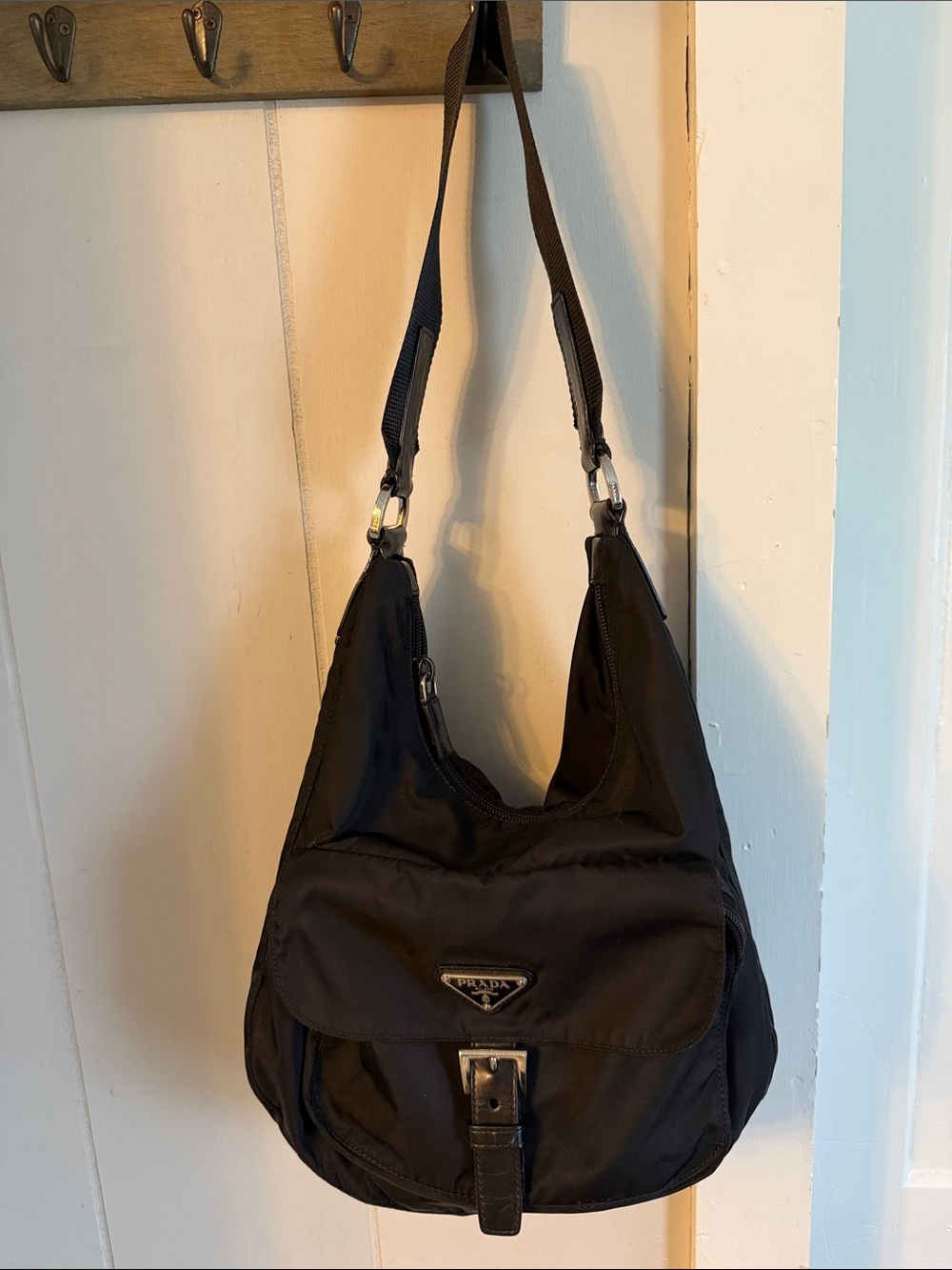 Prada Black Nylon Shoulder Hobo Bag with Front Flap
